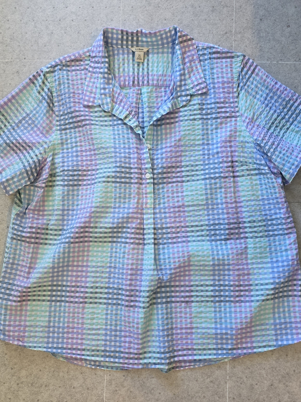 L.L. Bean Pastel Plaid Short-Sleeve Button Down — Blue, Green, Pink